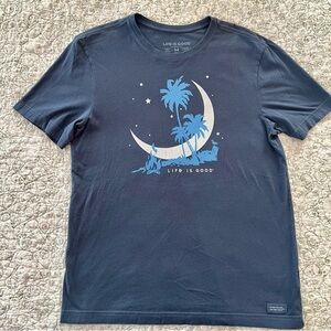 Life Is Good Men's Dark Blue Moon 100% Cotton Graphic Tee Camping Beach Cali